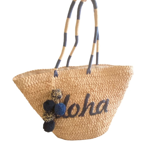 Handbags - Aloha Hawaiian Straw Beach/Pool Bag Blue and Cream